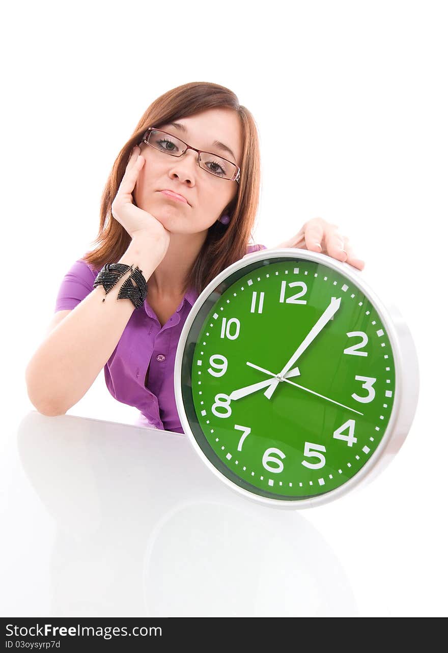 Woman holding big green clock