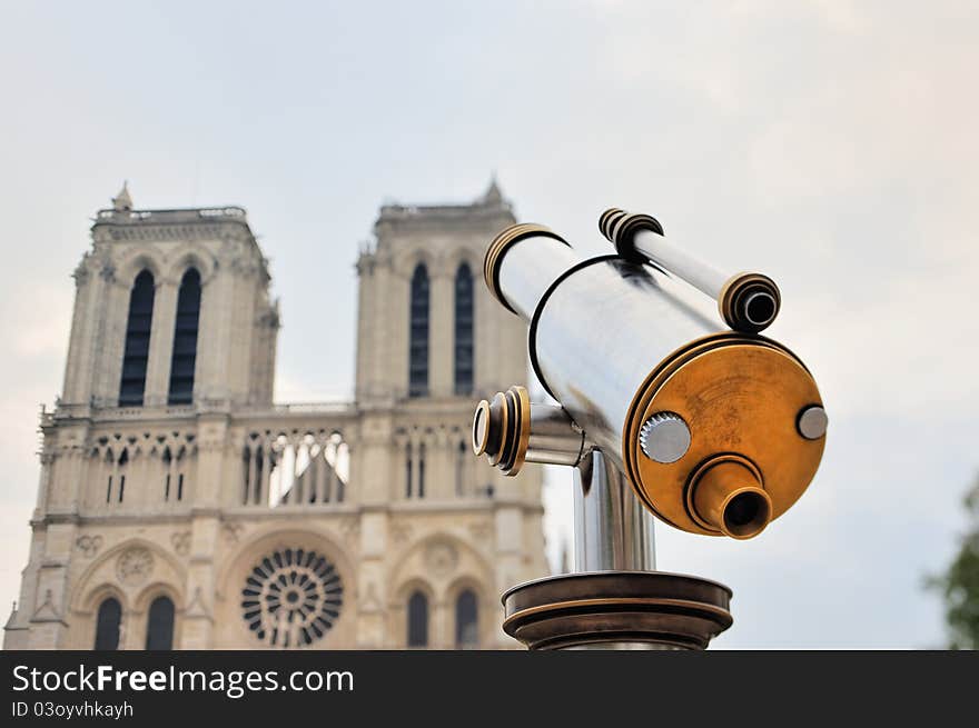 Telescope of stainless steel near Notre-Dame Cathedral in Paris. Telescope of stainless steel near Notre-Dame Cathedral in Paris