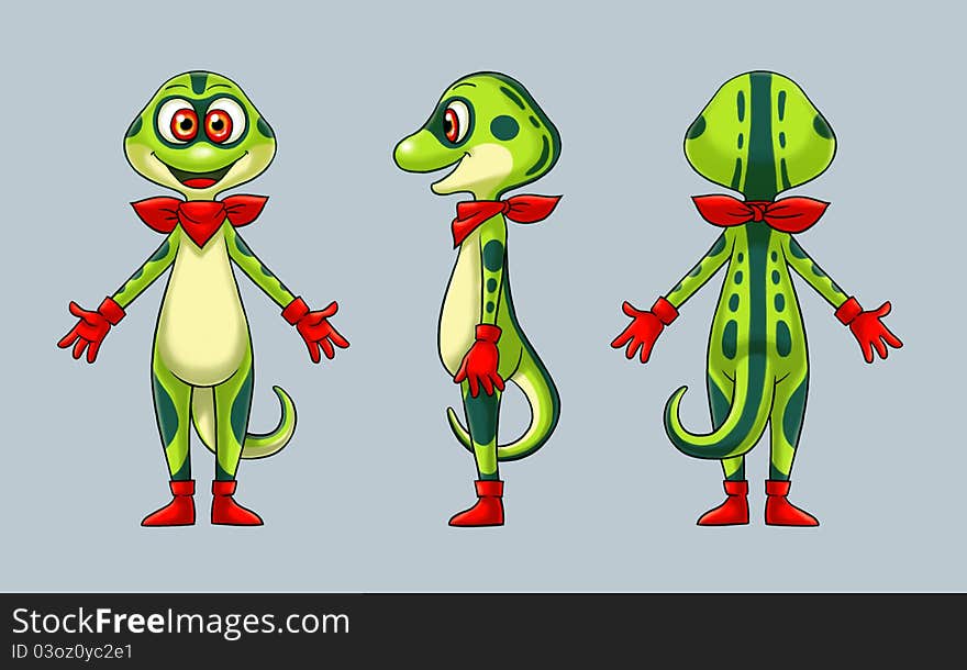 Green dotted gecko character from front and back view. Green dotted gecko character from front and back view.