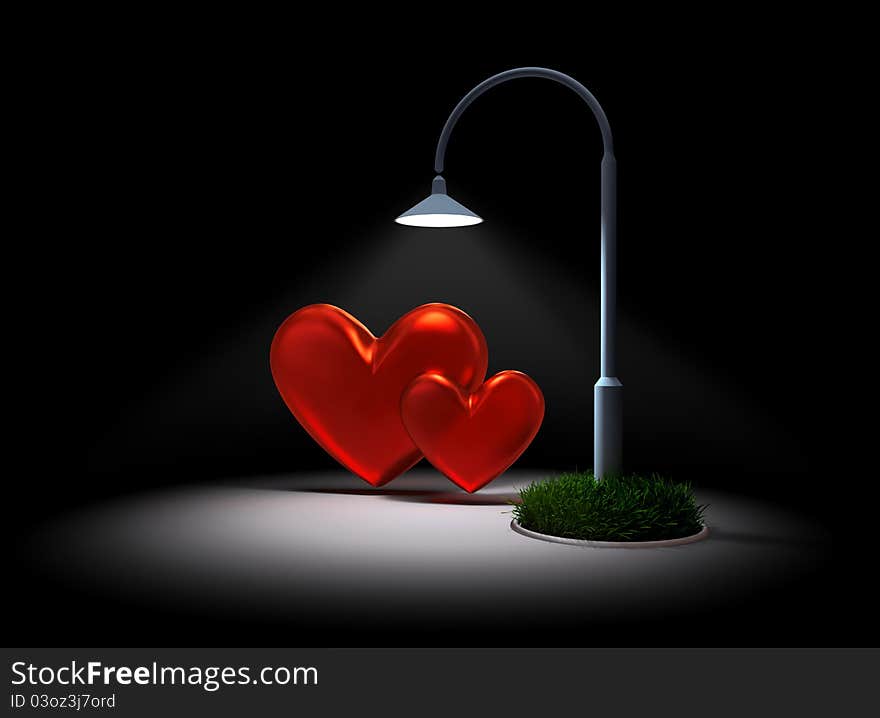 Two red hearts met together for a romantic night under a street lamp as a symbol of the meeting of two lovers