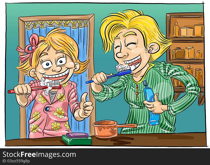 Healthy brushing tooth daughter and mother. Healthy brushing tooth daughter and mother