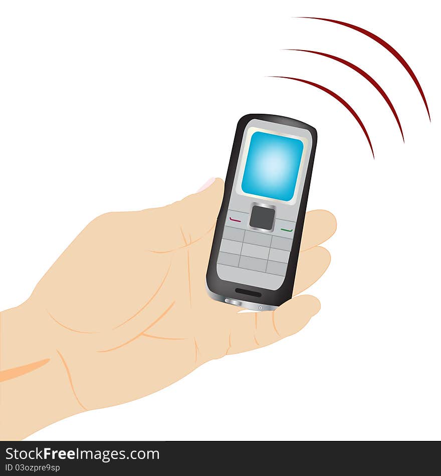 Illustration of the mobile telephone in hand on white background