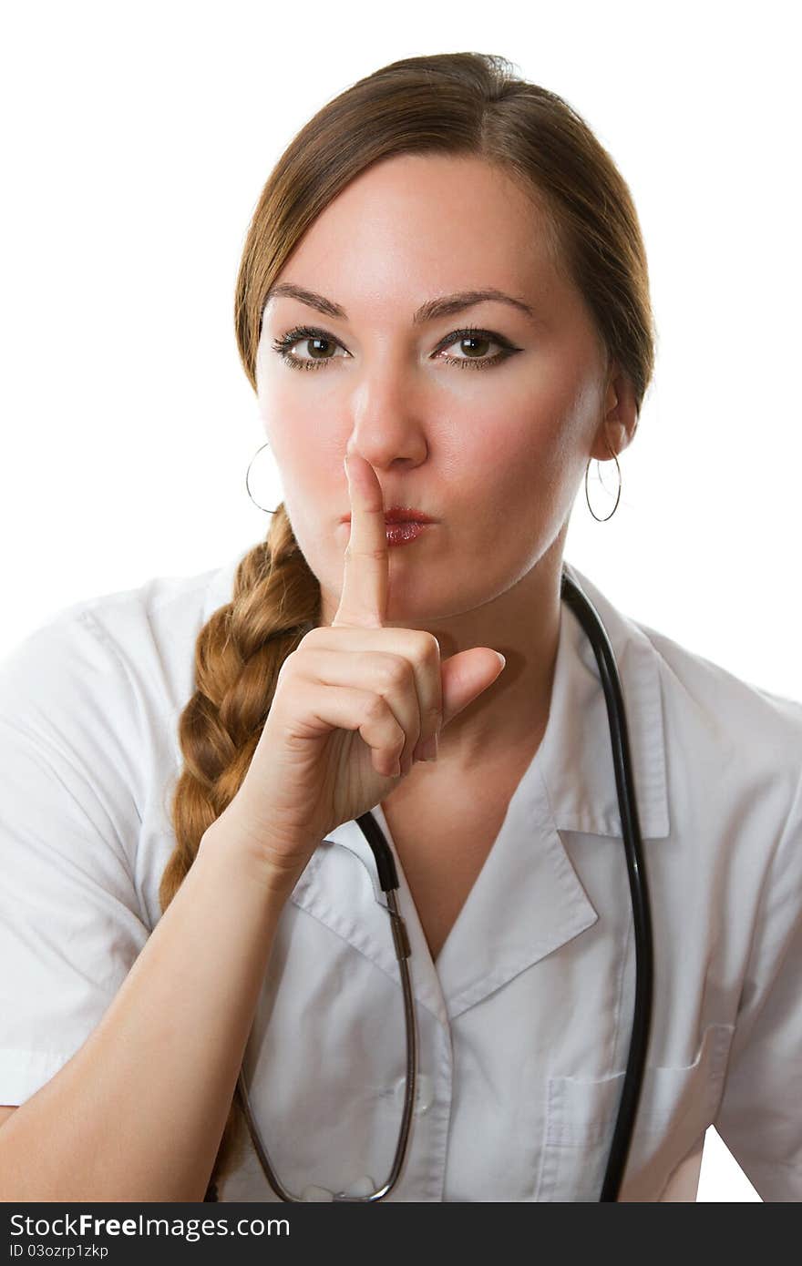 Nurse with long hair in a white coat with stethoscope isolated on a white background. Nurse with long hair in a white coat with stethoscope isolated on a white background