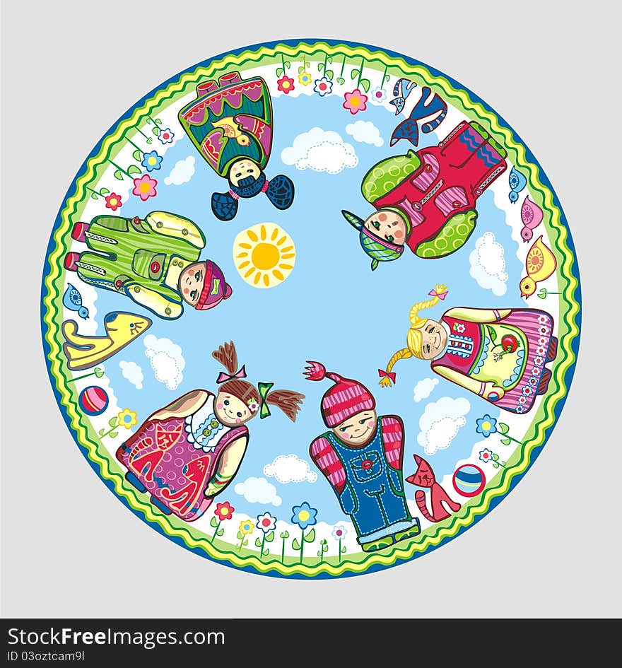 Bright Round Composition With Children And Pets On