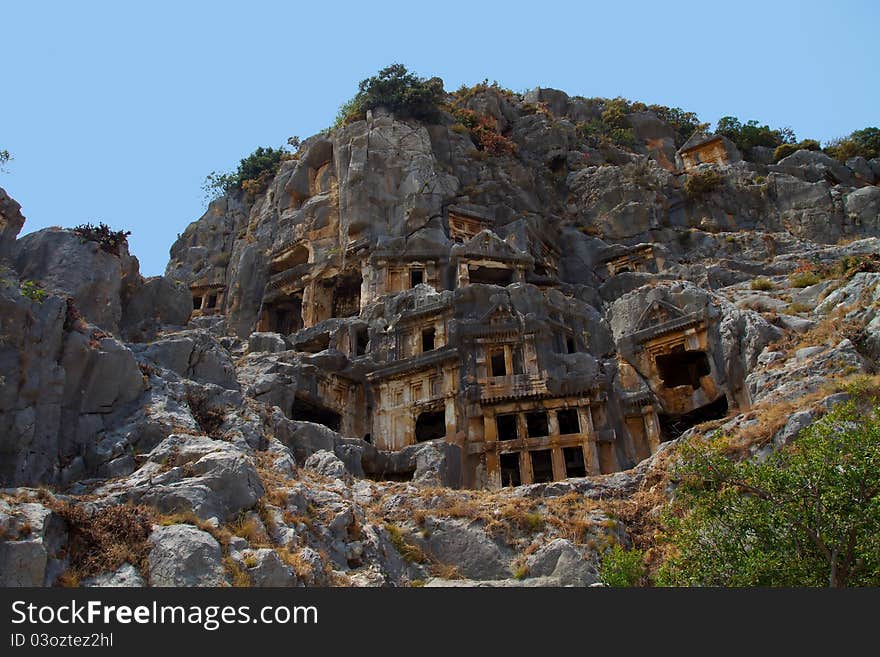 Historical tombs in the mountains near Myra town. Turkey. Historical tombs in the mountains near Myra town. Turkey.