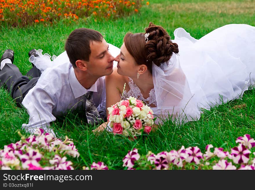 Happy smiling bride and groom. Happy smiling bride and groom