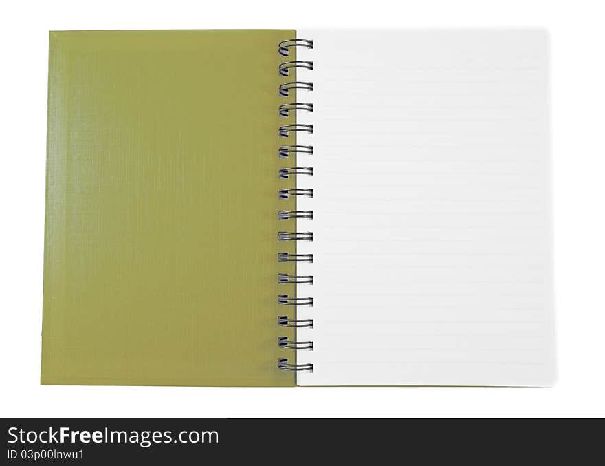 Open brown notebook on white background