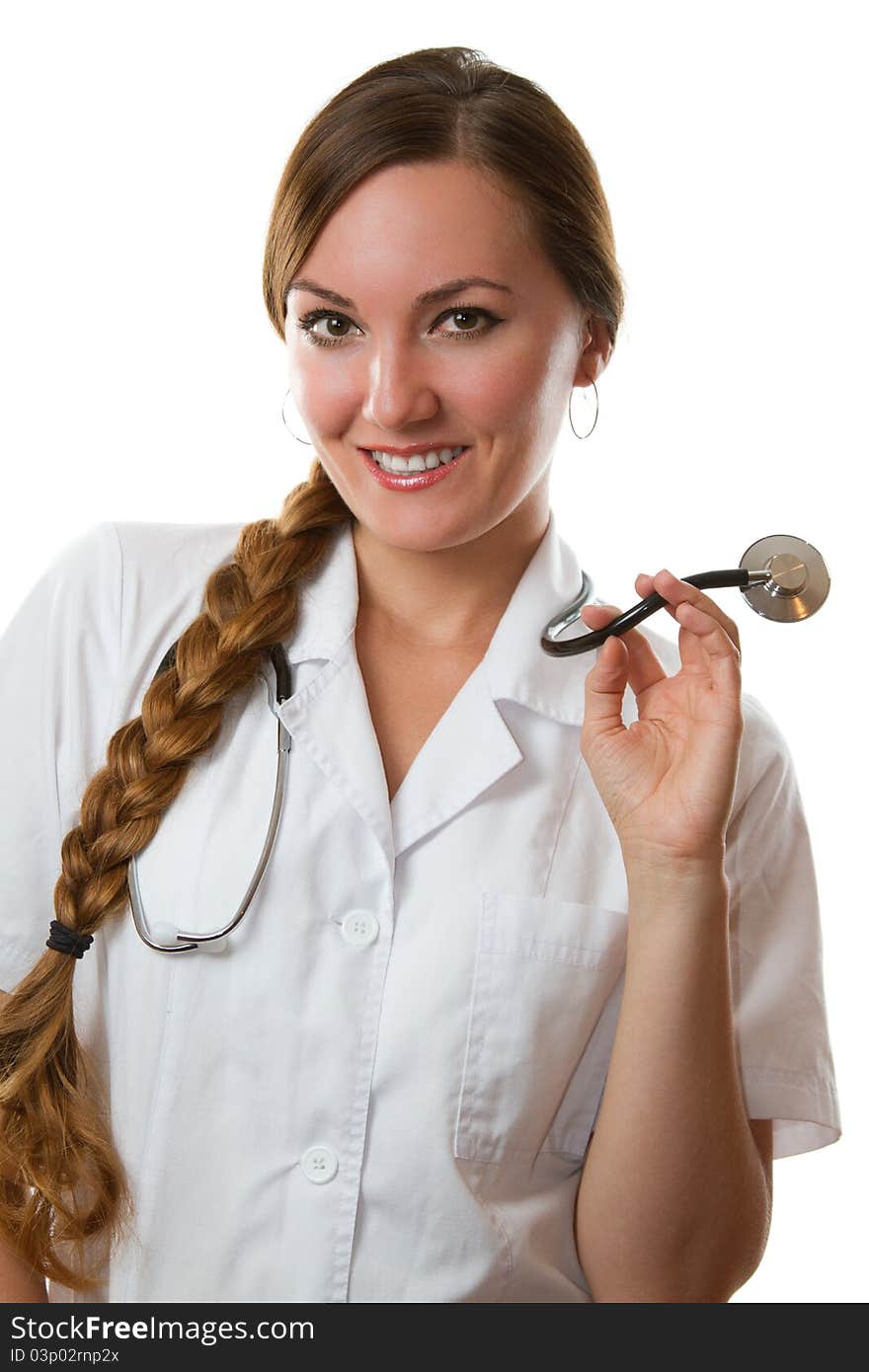 Girl doctor with long hair in a white coat with stethoscope isolated on a white background. Girl doctor with long hair in a white coat with stethoscope isolated on a white background