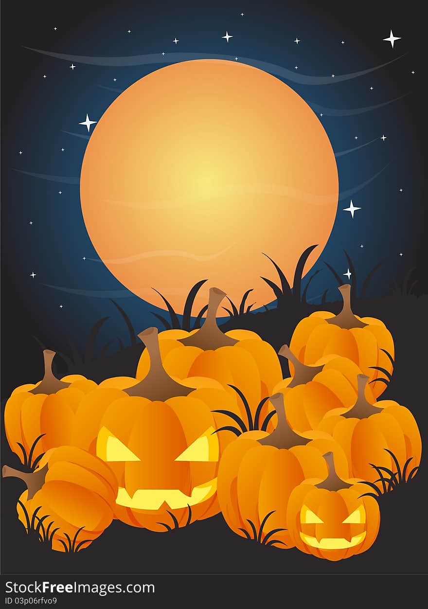 Halloween background with pumpkins ,moon and grass