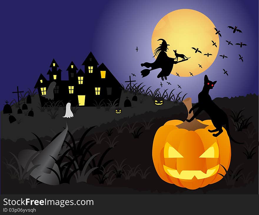 Halloween background with castle , pumpkin ,witch and moon