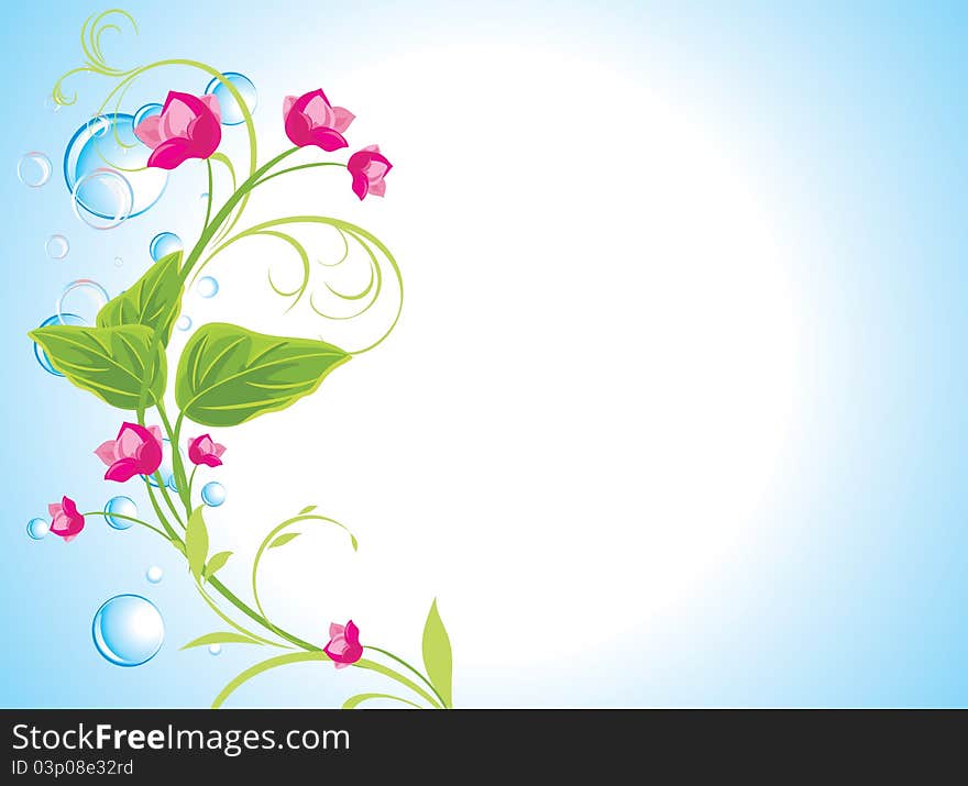 Drops and sprig with pink flowers on the abstract blue background. Illustration