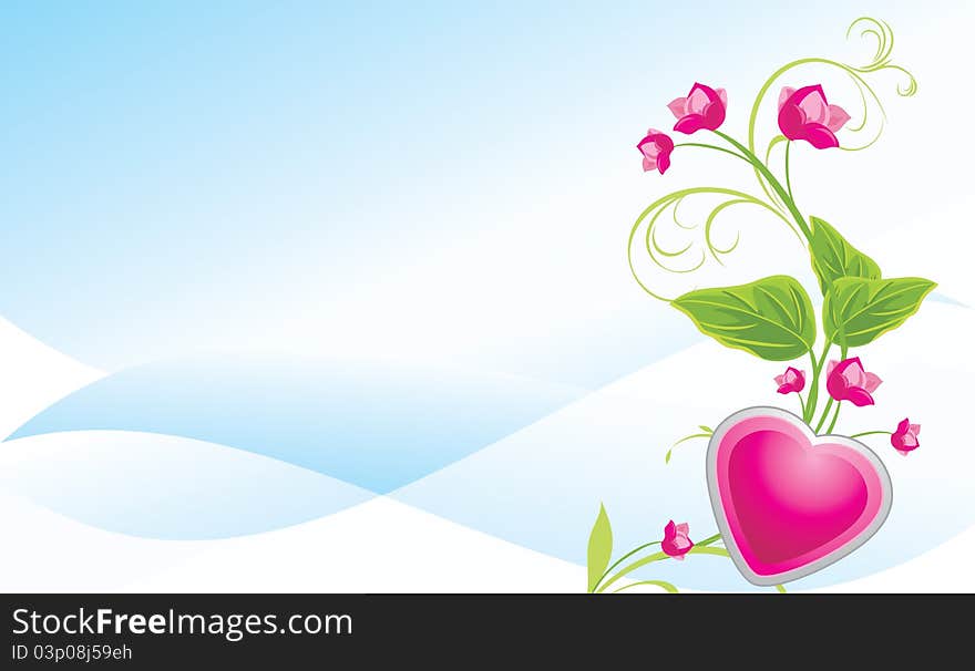 Sprig with pink flowers and heart on the abstract blue background. Illustration