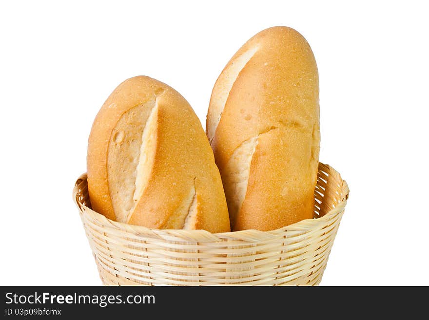 Two  Isolated baguettes in basket. Two  Isolated baguettes in basket