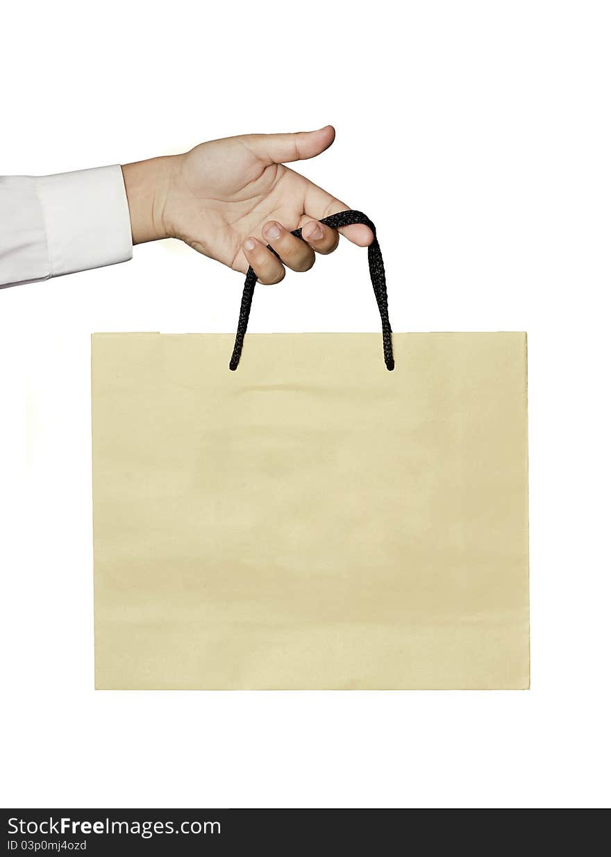 Brown bag with hand isolated on white. Brown bag with hand isolated on white