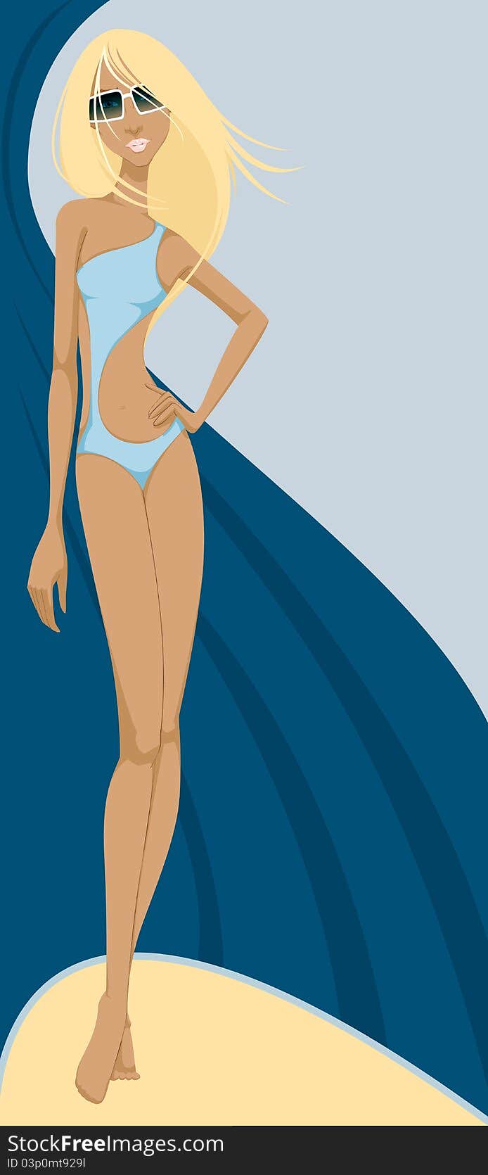 Illustration of an attractive blond lady wearing sunglasses and a swimsuit in front of an abstract beach background. Illustration of an attractive blond lady wearing sunglasses and a swimsuit in front of an abstract beach background