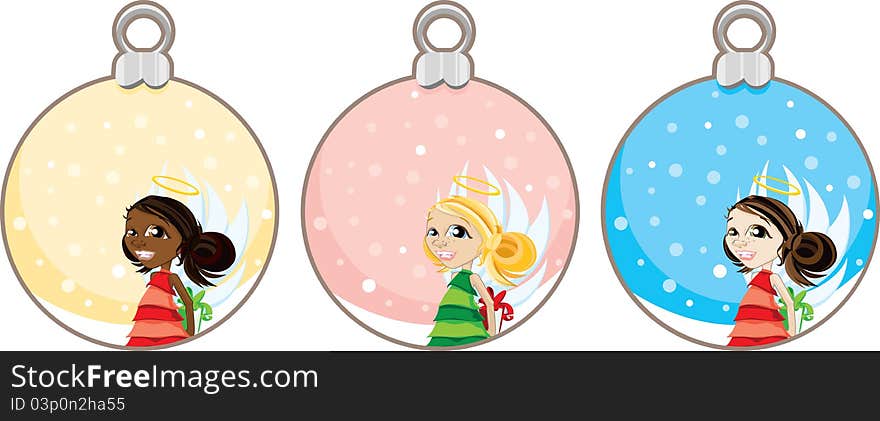 Illustration of Christmas angels holding gifts in hanging snow globe balls. Illustration of Christmas angels holding gifts in hanging snow globe balls.