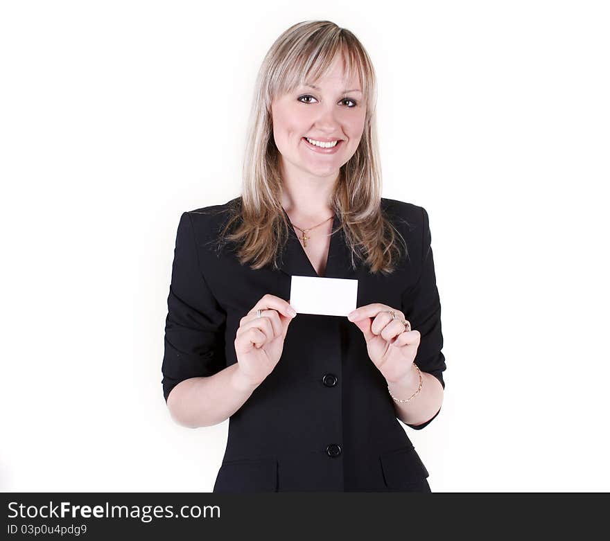 Businesswoman with a business card in hands