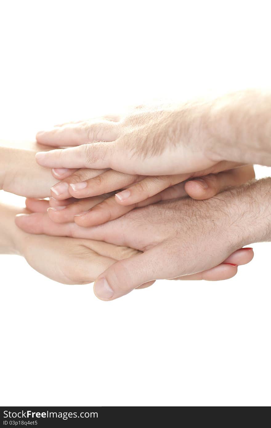 Three persons put their palms together. Three persons put their palms together