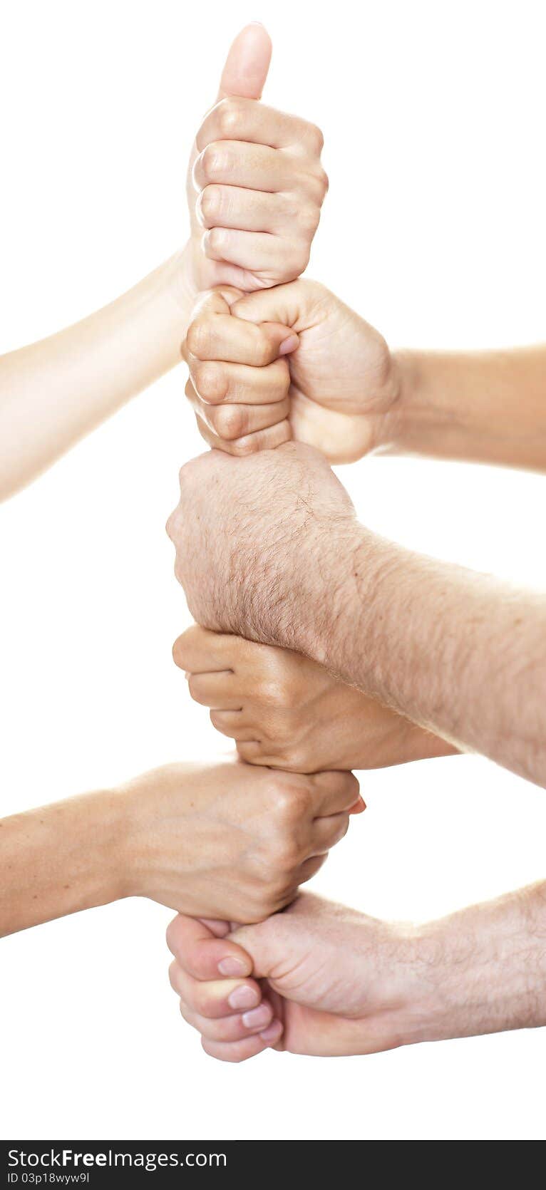 Three persons having six fists stacked over white background