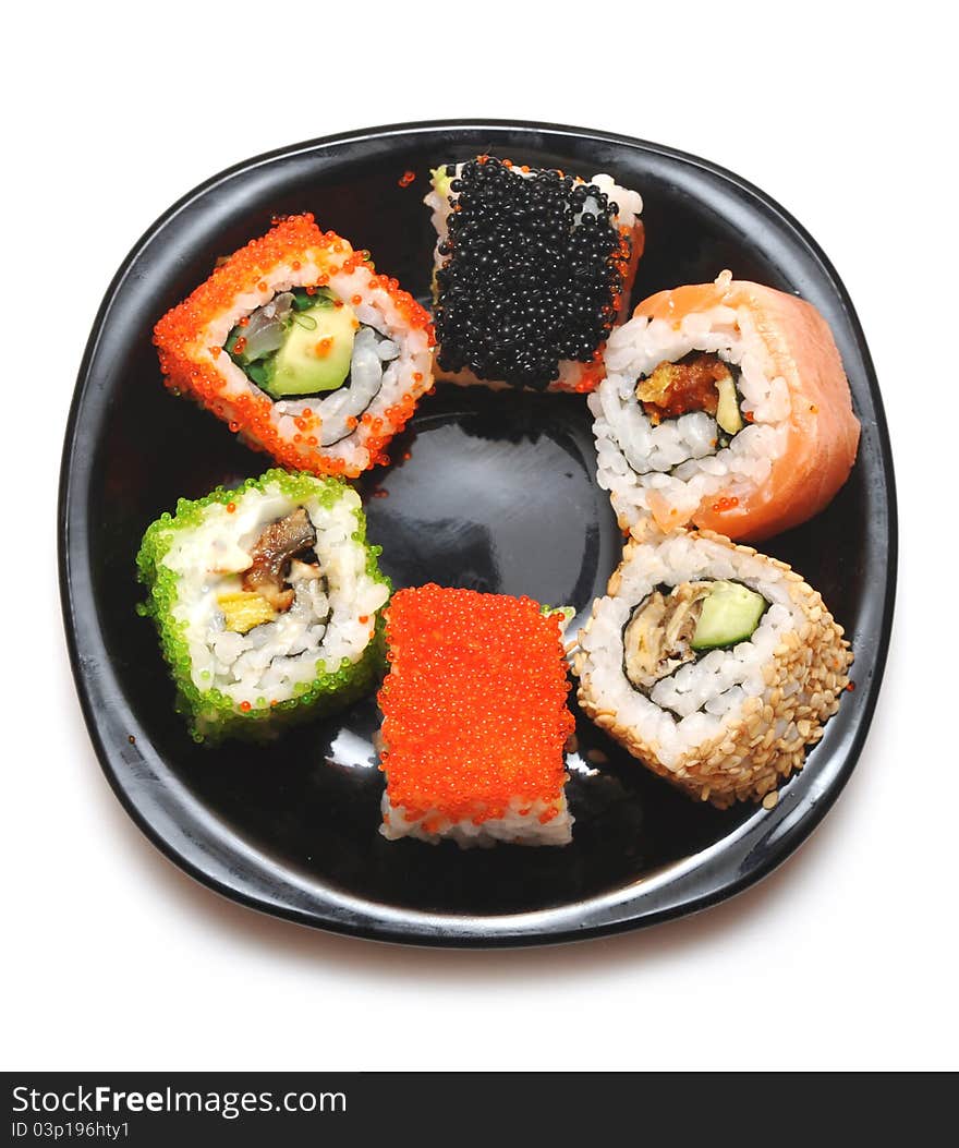 Closeup sushi on black plate