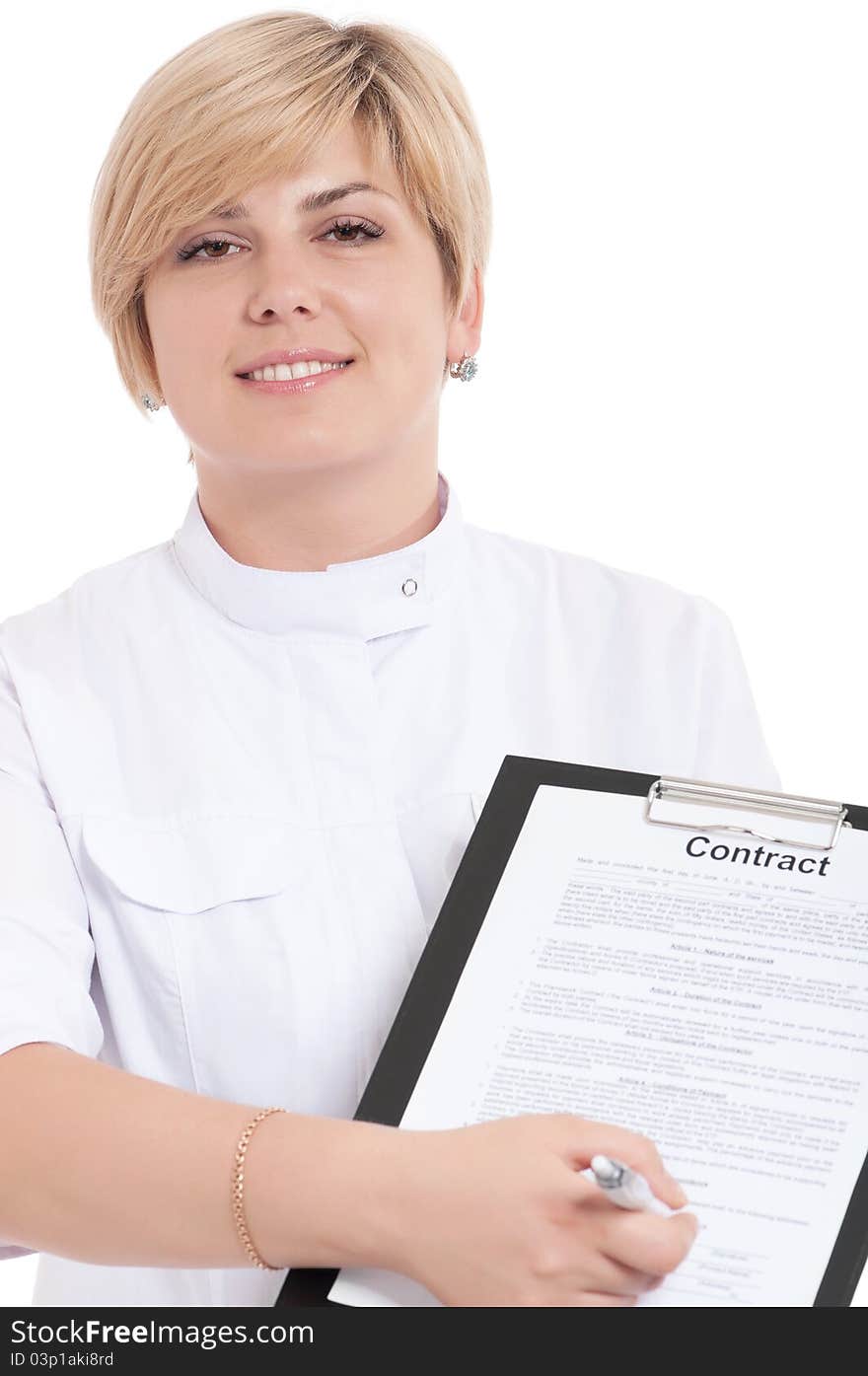 Portrait of smiling female doctor holding a clipboard - isolated over a white background