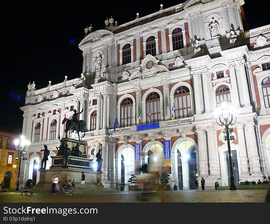 Night shot of the rear side of Carignano palace in Turin (Italy)