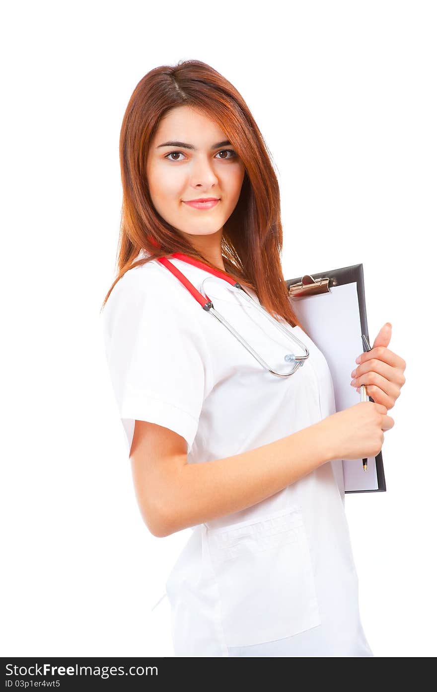 Young medical smiling woman doctor portrait isolated on white background. Young medical smiling woman doctor portrait isolated on white background