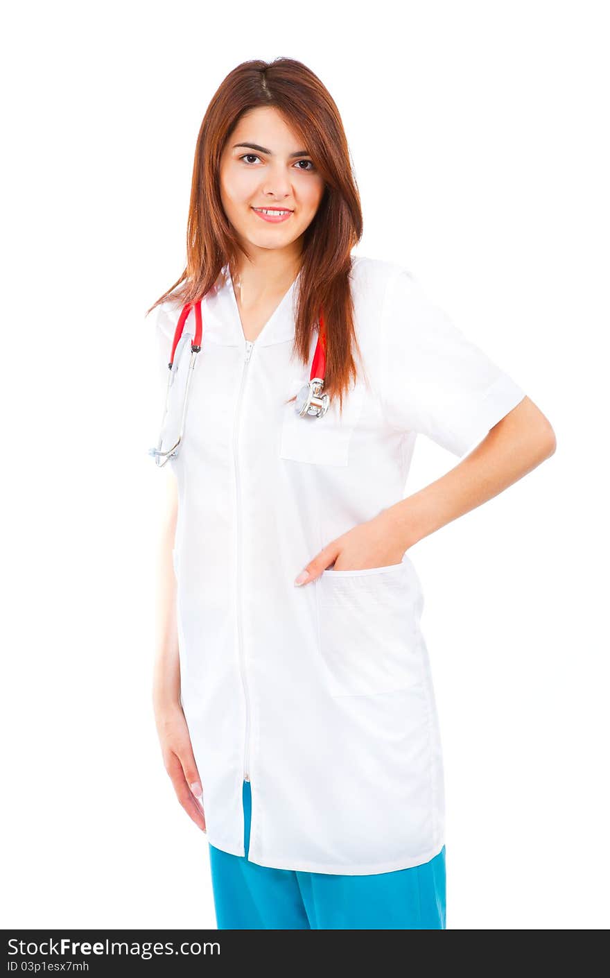 Young medical smiling woman doctor portrait isolated on white background. Young medical smiling woman doctor portrait isolated on white background