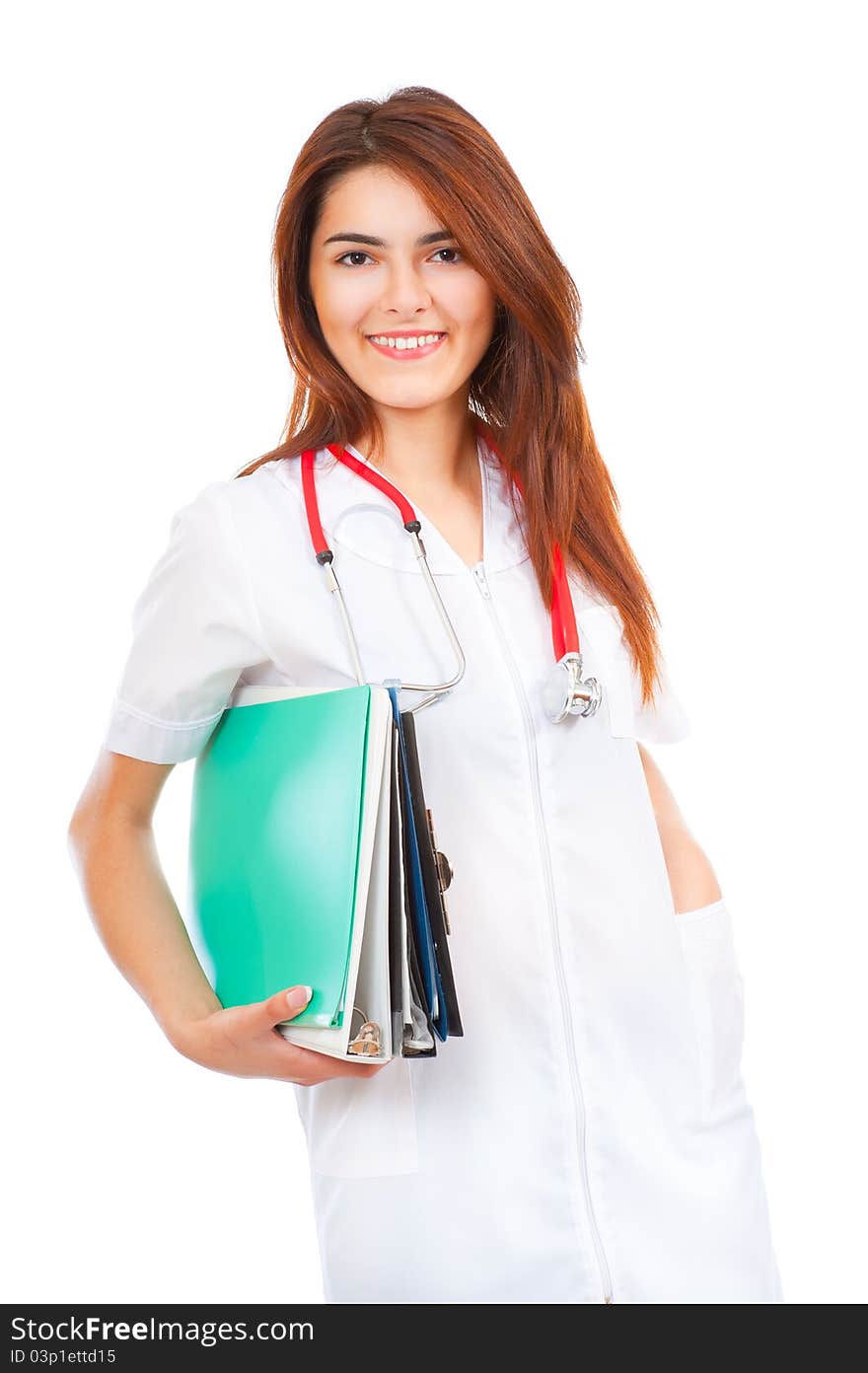 Young medical smiling woman doctor carrying medical files. Young medical smiling woman doctor carrying medical files