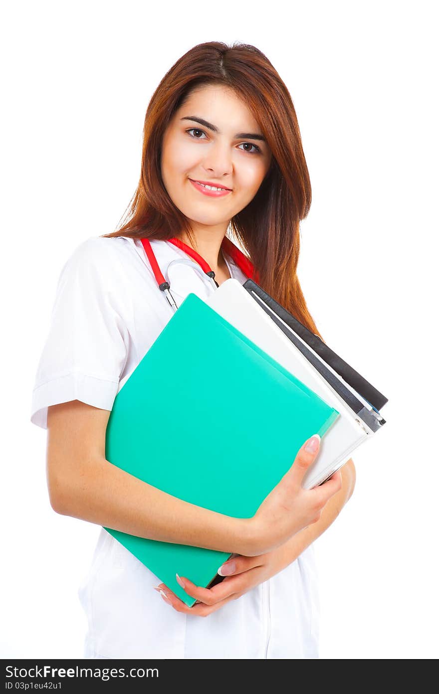 Young medical smiling woman doctor carrying medical files. Young medical smiling woman doctor carrying medical files