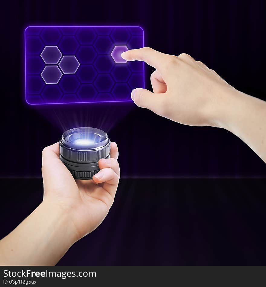 Hand pressing button on futuristic holographic screen. Hand pressing button on futuristic holographic screen.