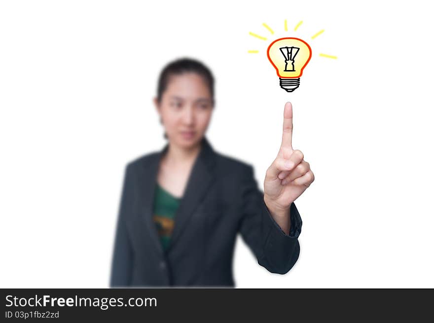 Business woman get idea with light bulb on her finger. Business woman get idea with light bulb on her finger