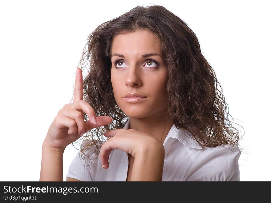 Portrait of a young business woman pointing isolated on white background. Portrait of a young business woman pointing isolated on white background