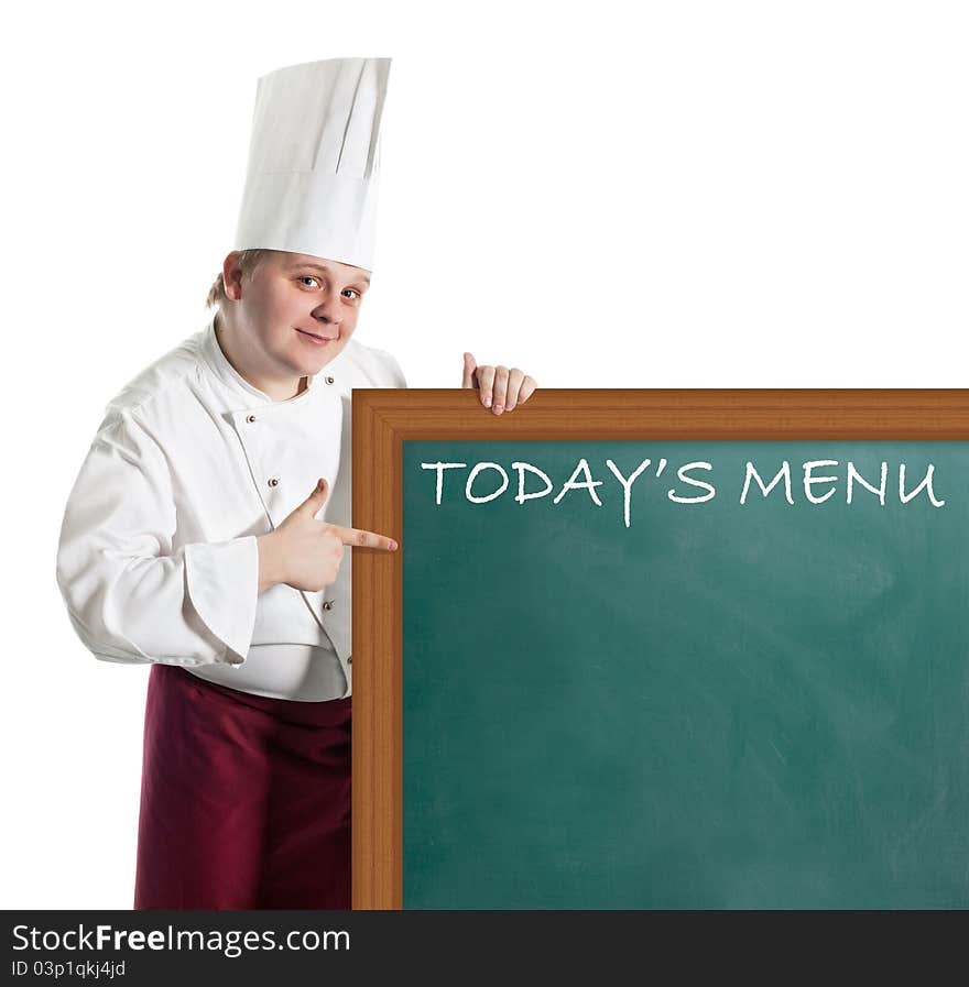 Male chef holding a notice board over a white background