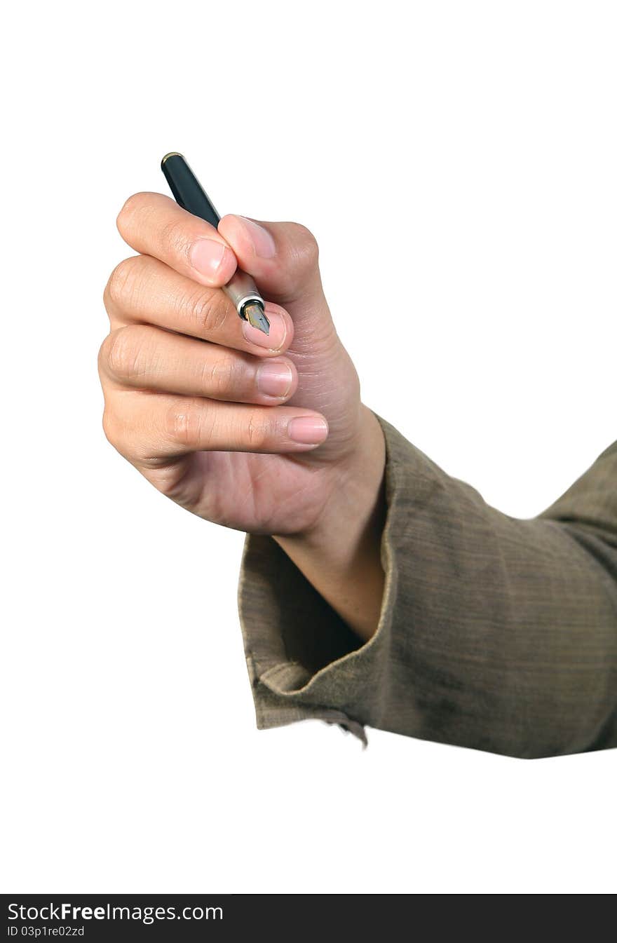 Male hands with pen on white background