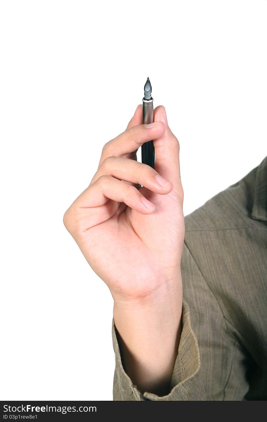 Male hands with pen on white background