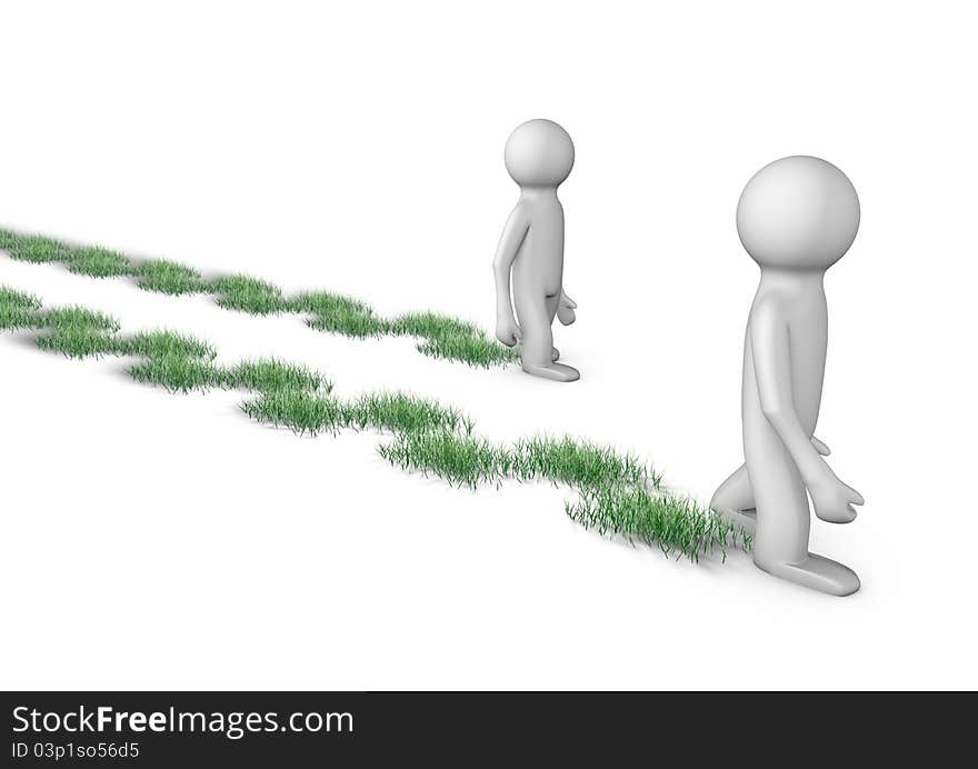 Render of 2 people walking, grass grows wherever they walk. Render of 2 people walking, grass grows wherever they walk