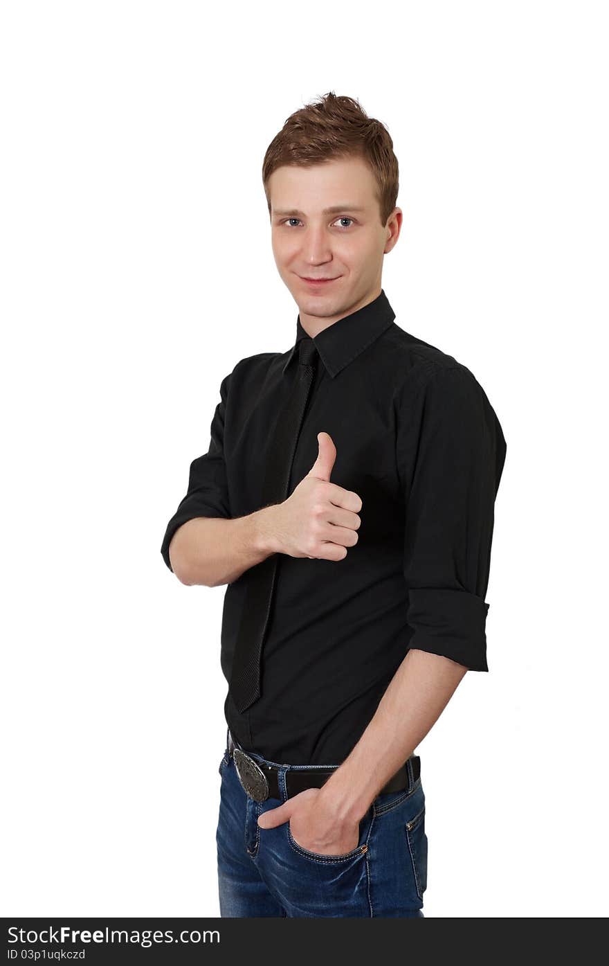 Happy casual young man showing thumb up