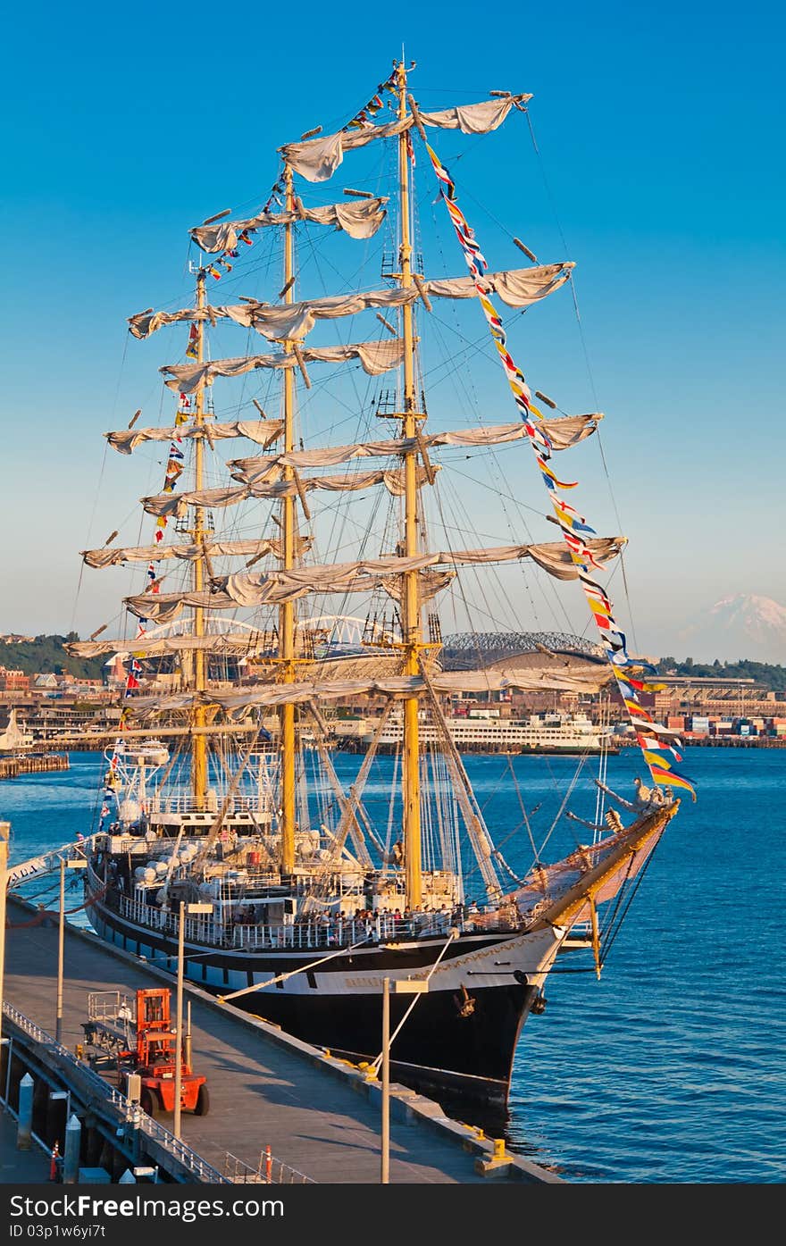 Russian sailing frigate Pallada on pier 66 in the port city of Seattle.