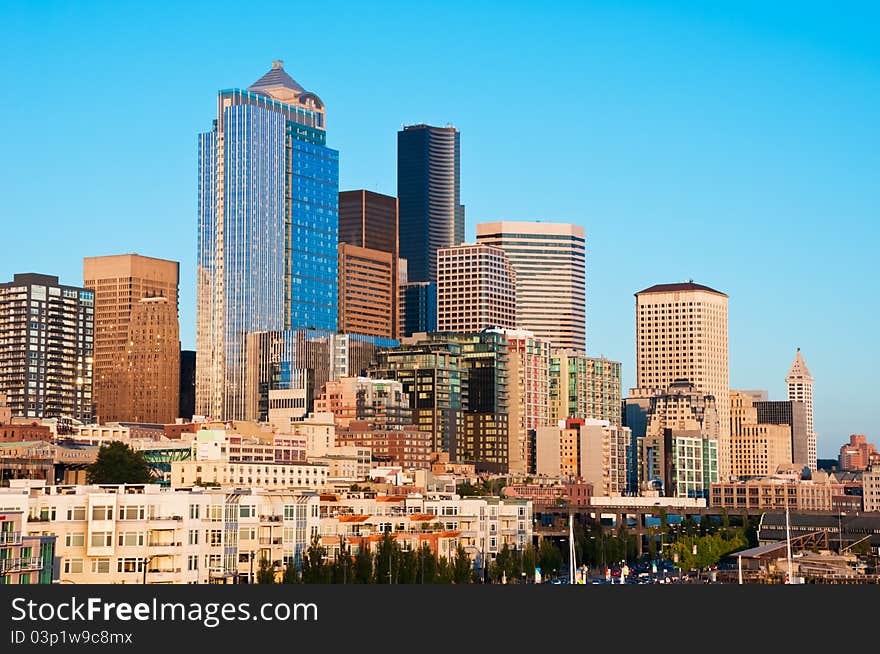 Downtown Seattle at sunset.