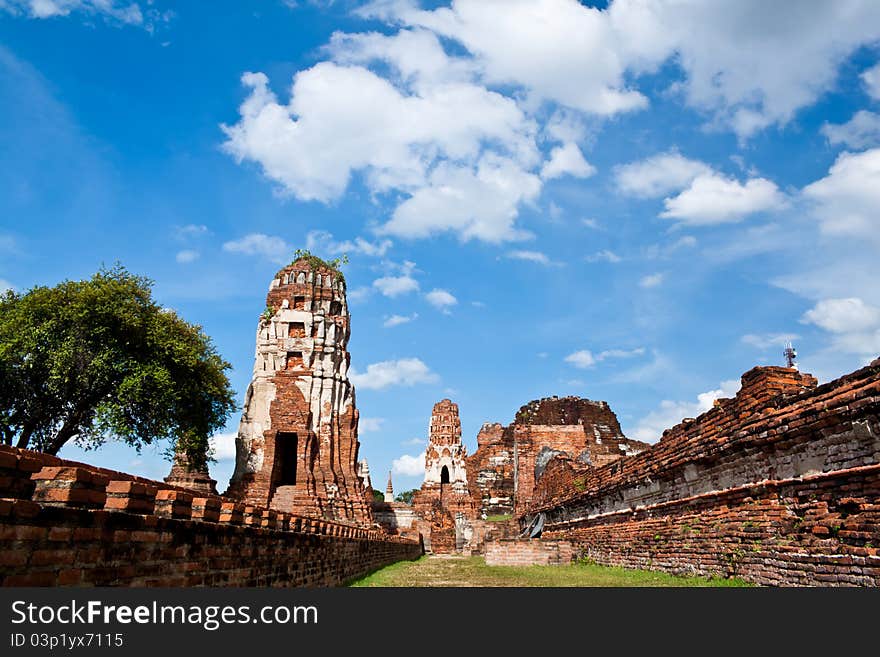 Red brick stupa in wat Chai Wattanaram in Ayuthaya in Thailand. Red brick stupa in wat Chai Wattanaram in Ayuthaya in Thailand