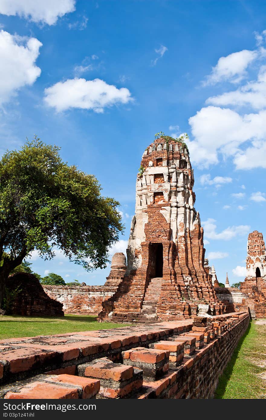 Red brick stupa in wat Chai Wattanaram in Ayuthaya in Thailand. Red brick stupa in wat Chai Wattanaram in Ayuthaya in Thailand