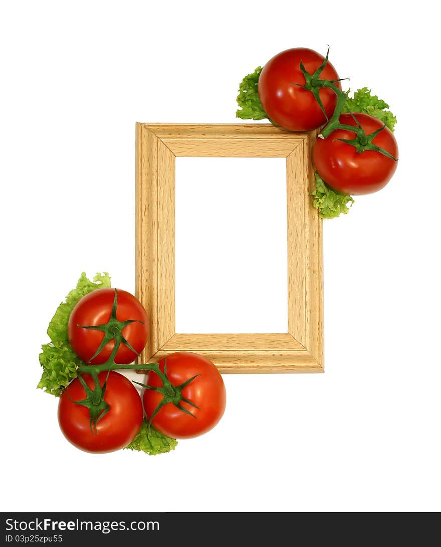 Wooden frame and frech tomatoes isolated on white background