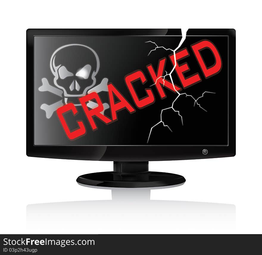 Monitor with crack and pirate skull in white background. Monitor with crack and pirate skull in white background