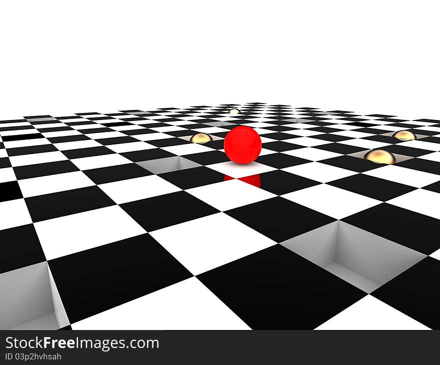 3d illustration of checkerboard to illustrate with red ball the risk of strategy. 3d illustration of checkerboard to illustrate with red ball the risk of strategy