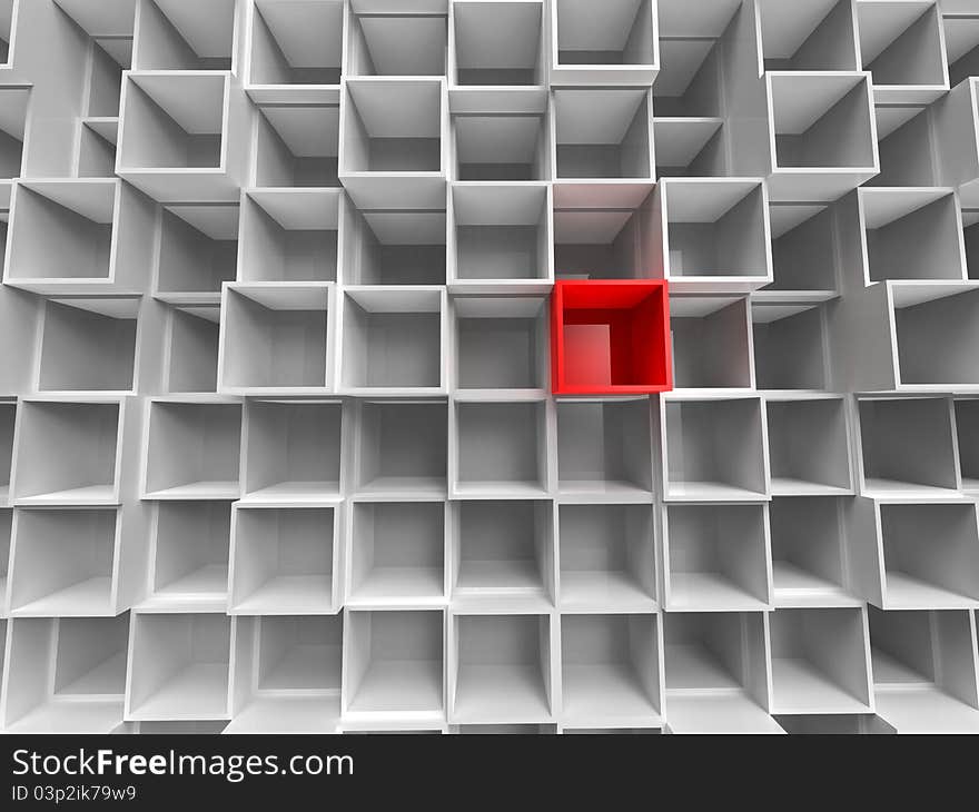 3d illustration of perspective of lot of empty white and red box. 3d illustration of perspective of lot of empty white and red box