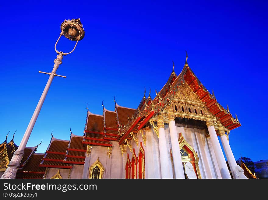 Marble Temple In Bangkok Thailand At Twilight