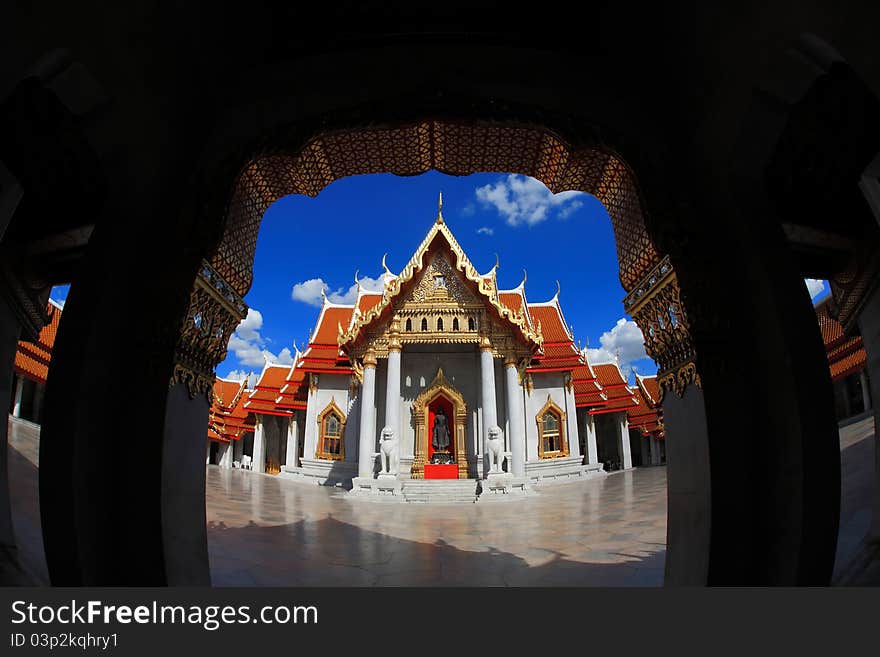 Marble Temple in Bangkok Thailand blue sky