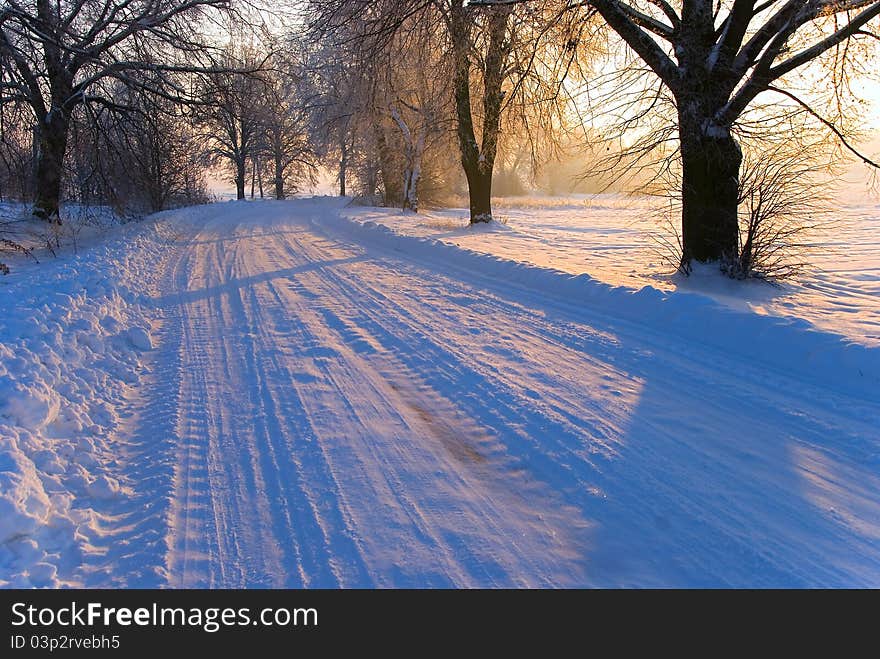 Route filled in with the snow in the frosty winter. Route filled in with the snow in the frosty winter