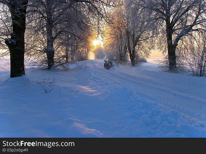 Route filled in with the snow in the frosty winter. Route filled in with the snow in the frosty winter